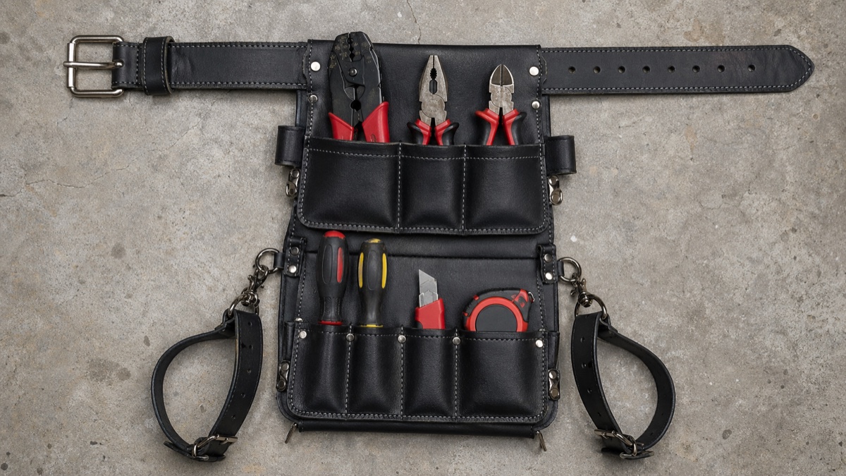プロ電気工事士の腰道具一式 — 黒革製2段腰袋に圧着工具・ペンチ・ニッパ・ドライバー・電工ナイフ・メジャーが整然と配置されたベルト付きレイアウト
