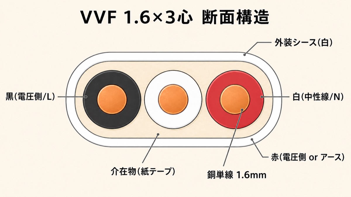 VVF 1.6×3心ケーブルの断面構造（黒・白・赤の3本＋外装シース＋介在物）