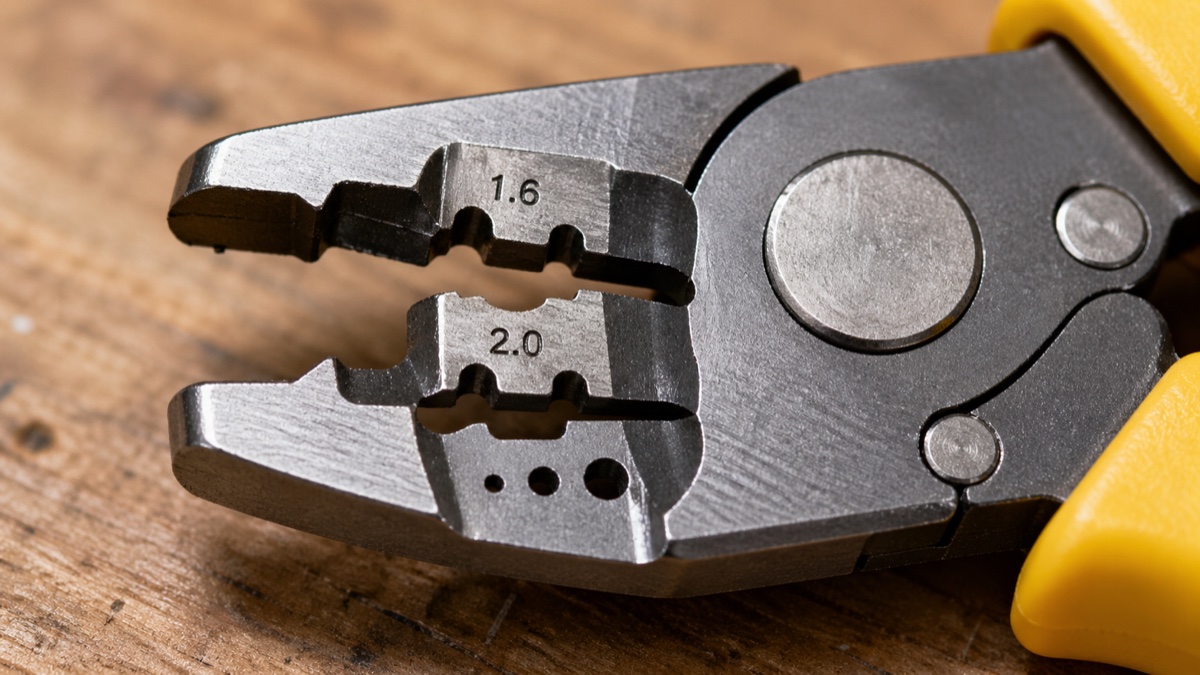 HOZAN P-958の刃部クローズアップ — 1.6mm・2.0mmの外装用穴と心線1.6・心線2.0の小さい穴が並ぶ4段構造